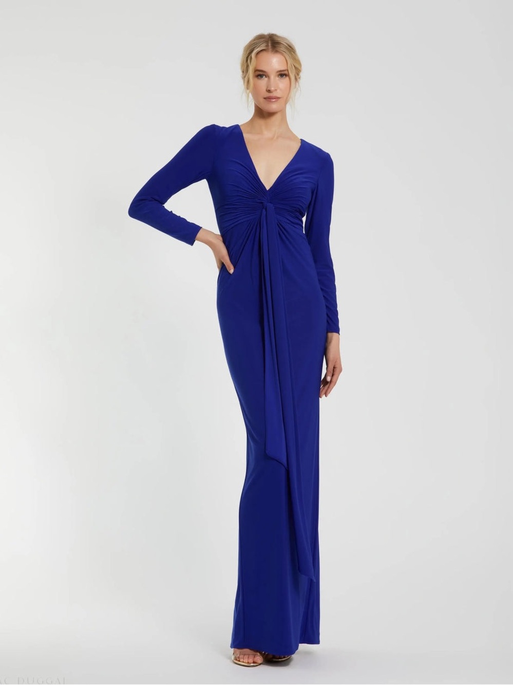 IEENA FOR MAC DUGGAL
Blue Long Sleeve Jersey V Neck Twist Knot Gown